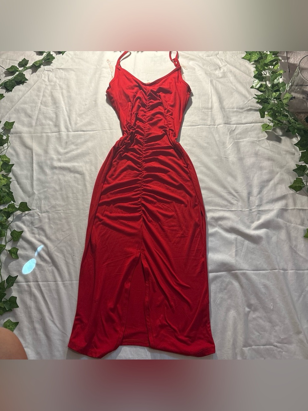 Red Ruched Slip Dress with Spaghetti Straps